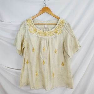 SUNDANCE 100% Silk Short sleeve Blouse Embroidered Printed Top size L